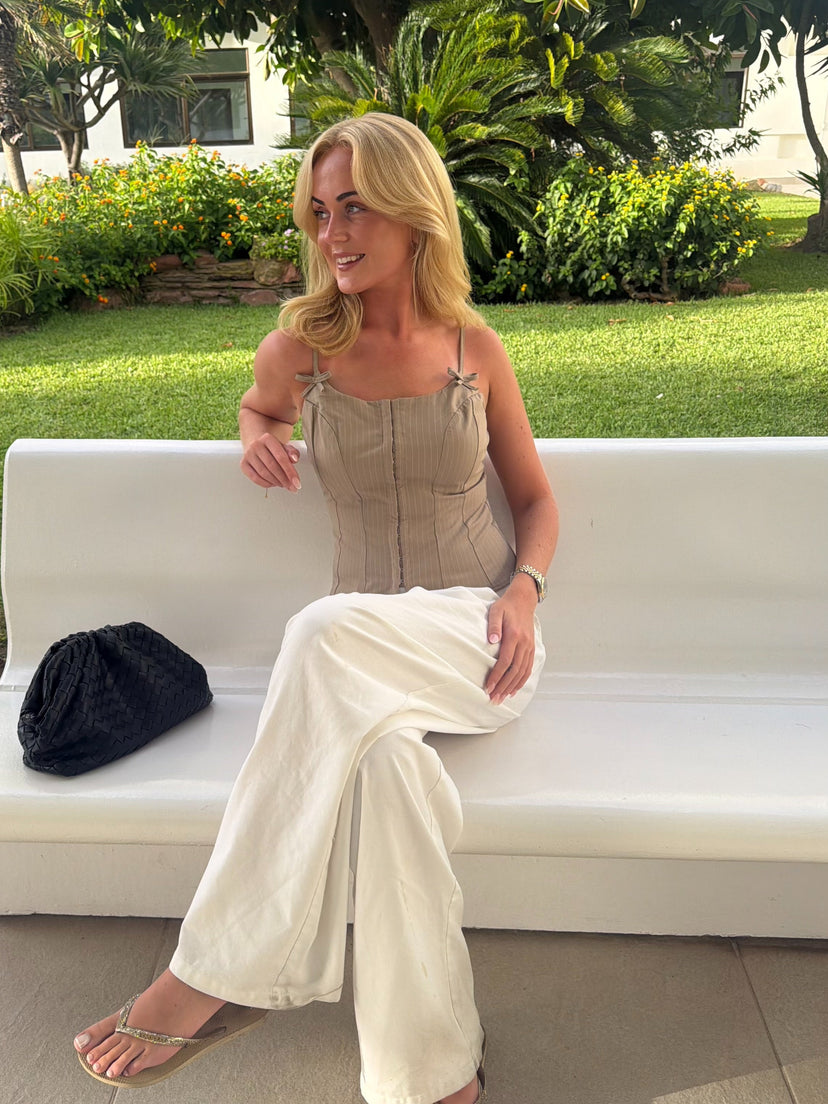 Petra Bow Top - Beige Pinstripe