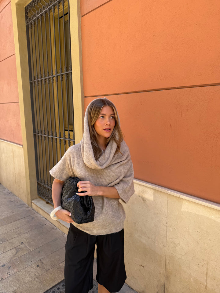 Rita Off Shoulder Hood Knit - Beige Melange