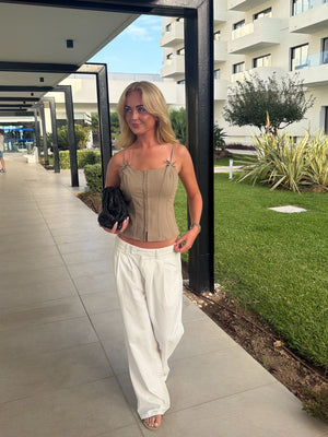 Petra Bow Top - Beige Pinstripe