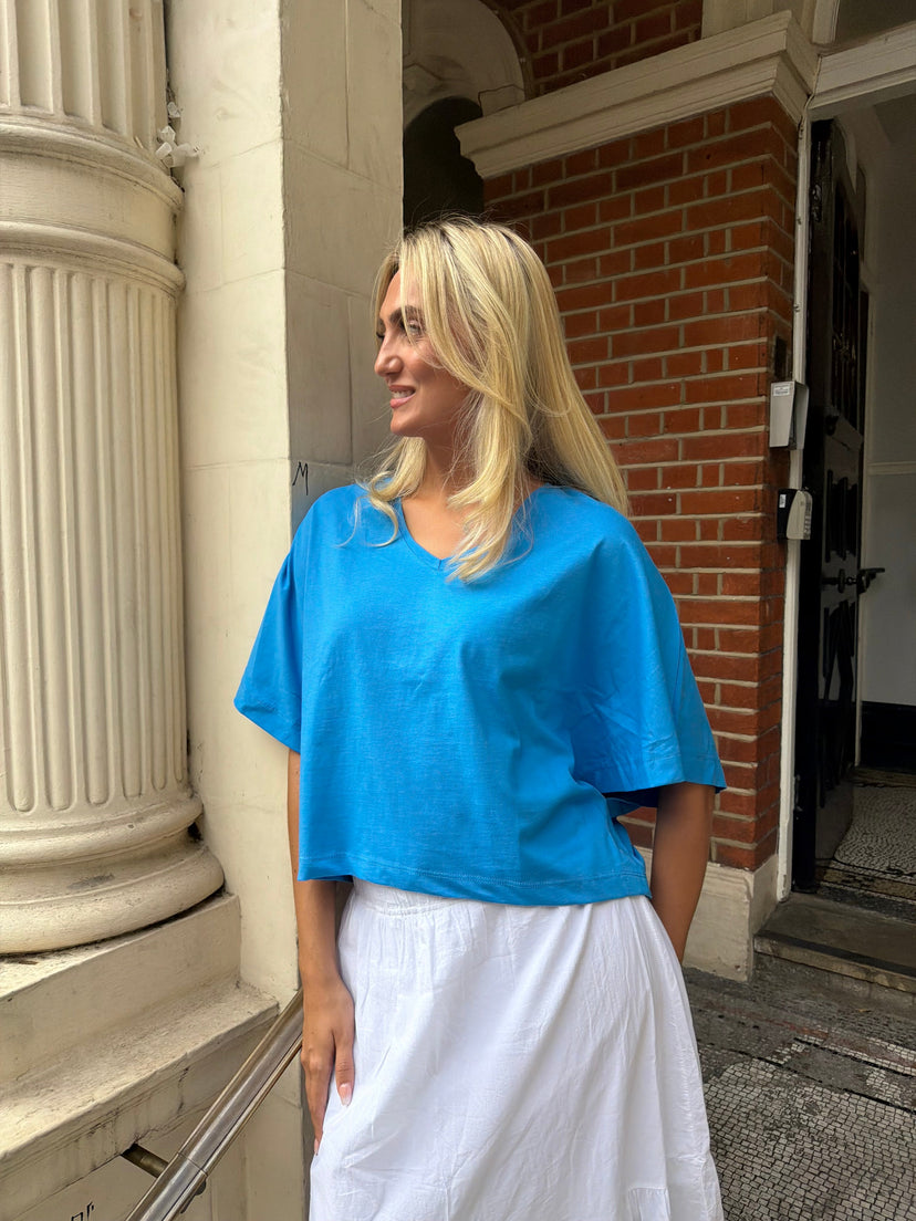 Sofie Oversize V-Neck T-shirt - Pacific Blue