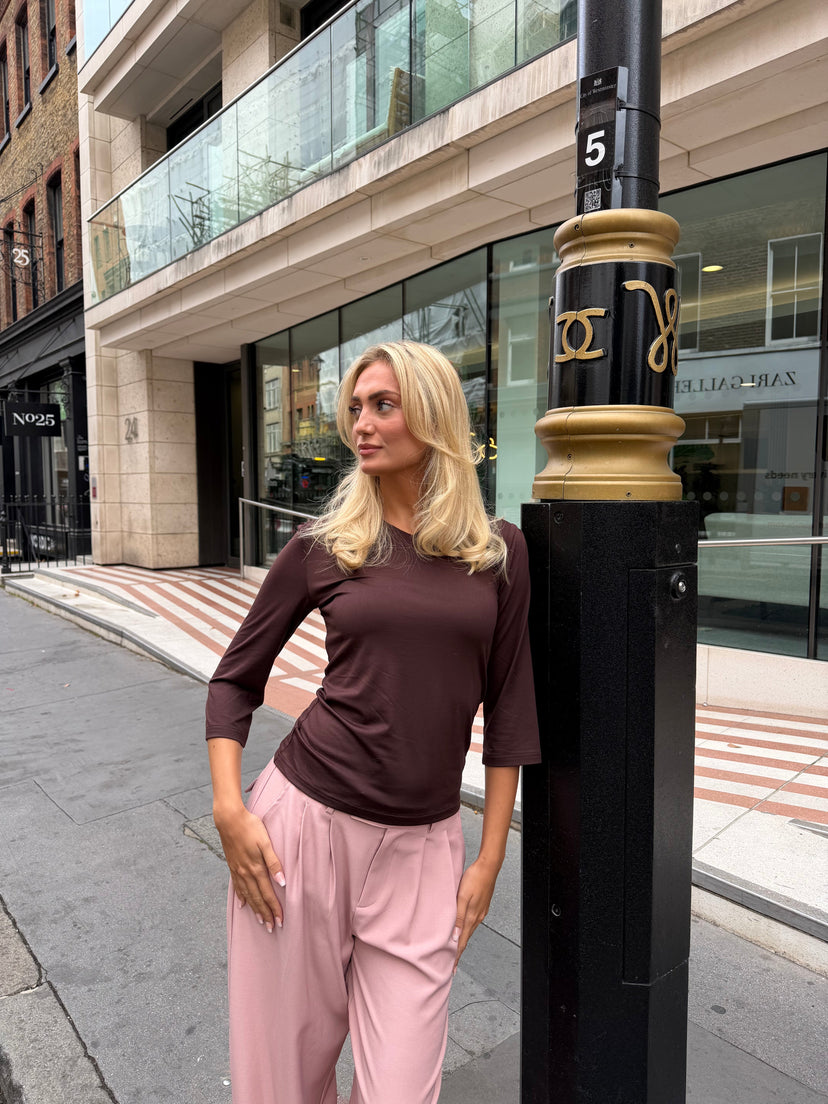 Katinka 3/4 V-neck Top - Dark Brown
