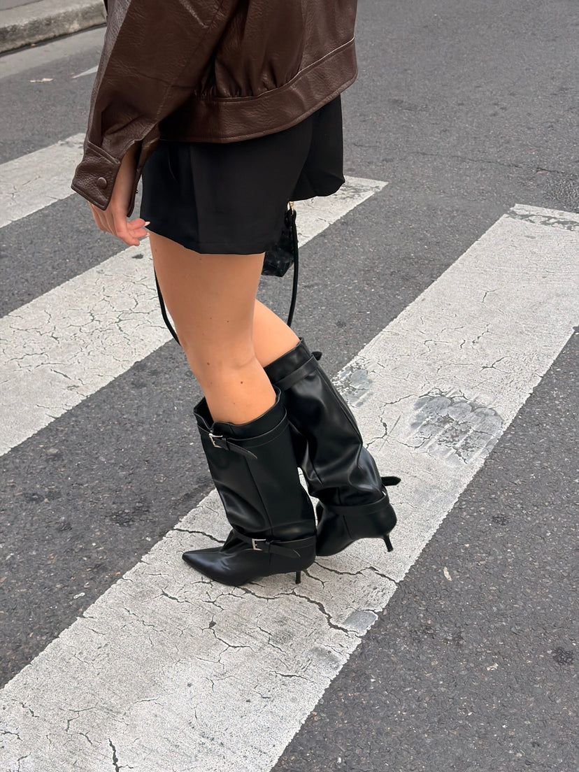 Ella Kitten Heel Buckle Boots - Black