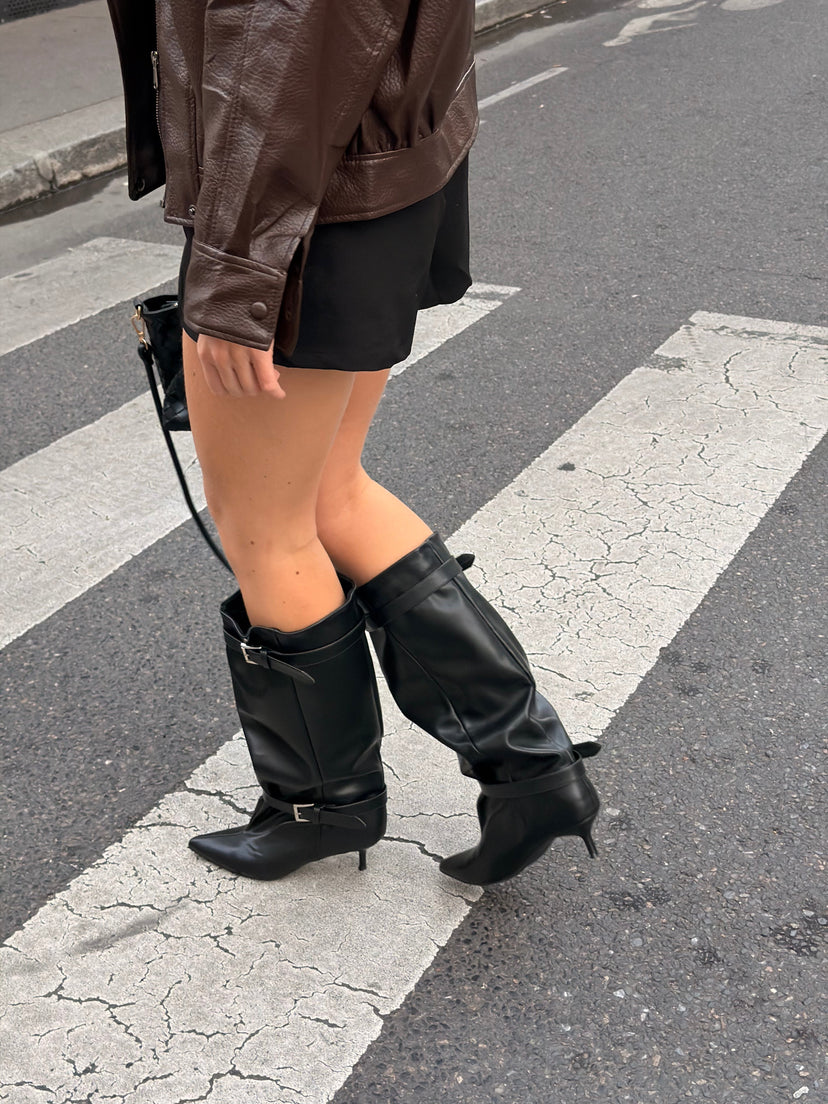 Ella Kitten Heel Buckle Boots - Black