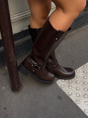 Olina Chunky Biker Boots - Dark Brown