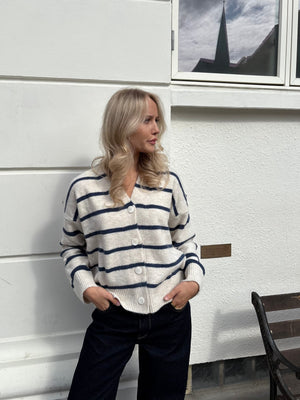 Frida Stripe Knit Cardigan - Beige/Dark Blue