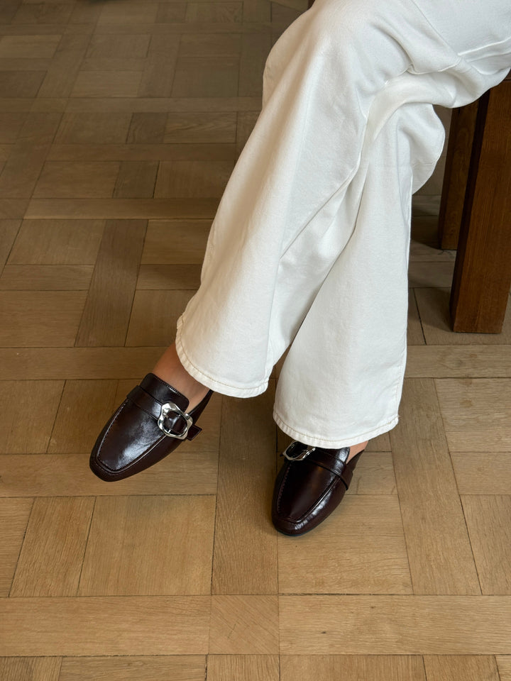 Amy Buckle Mules - Dark Brown