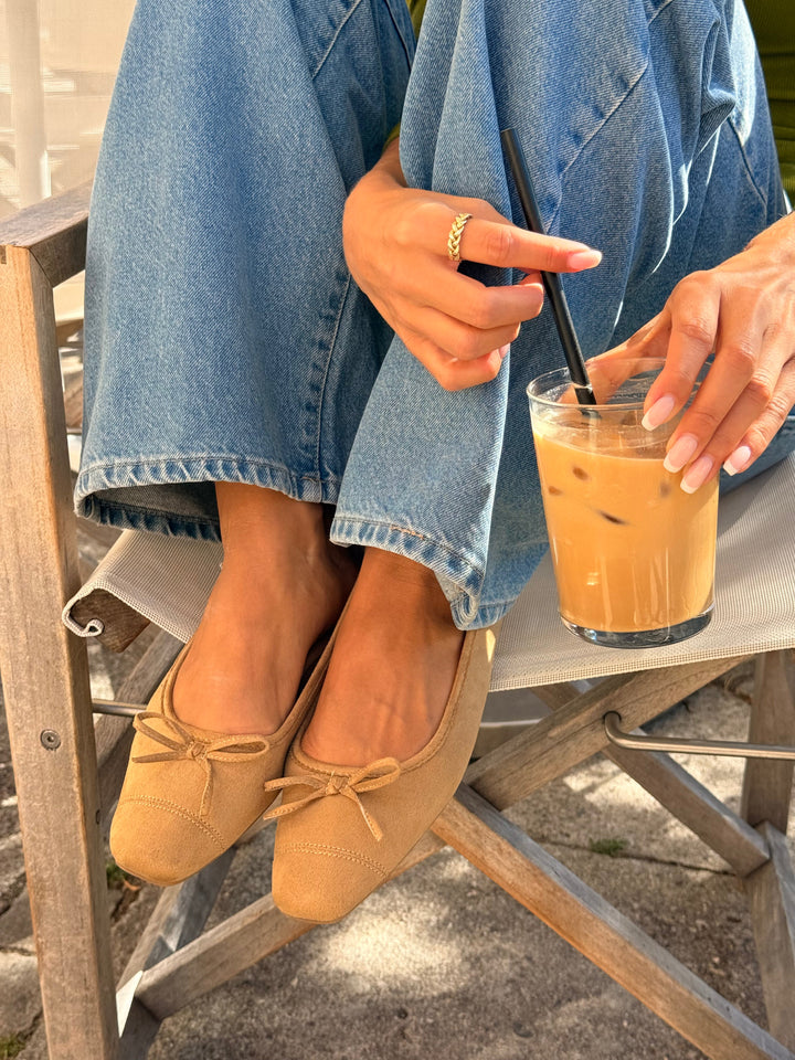 Irina Square Bow Ballerina - Faux Suede Caffe Latte