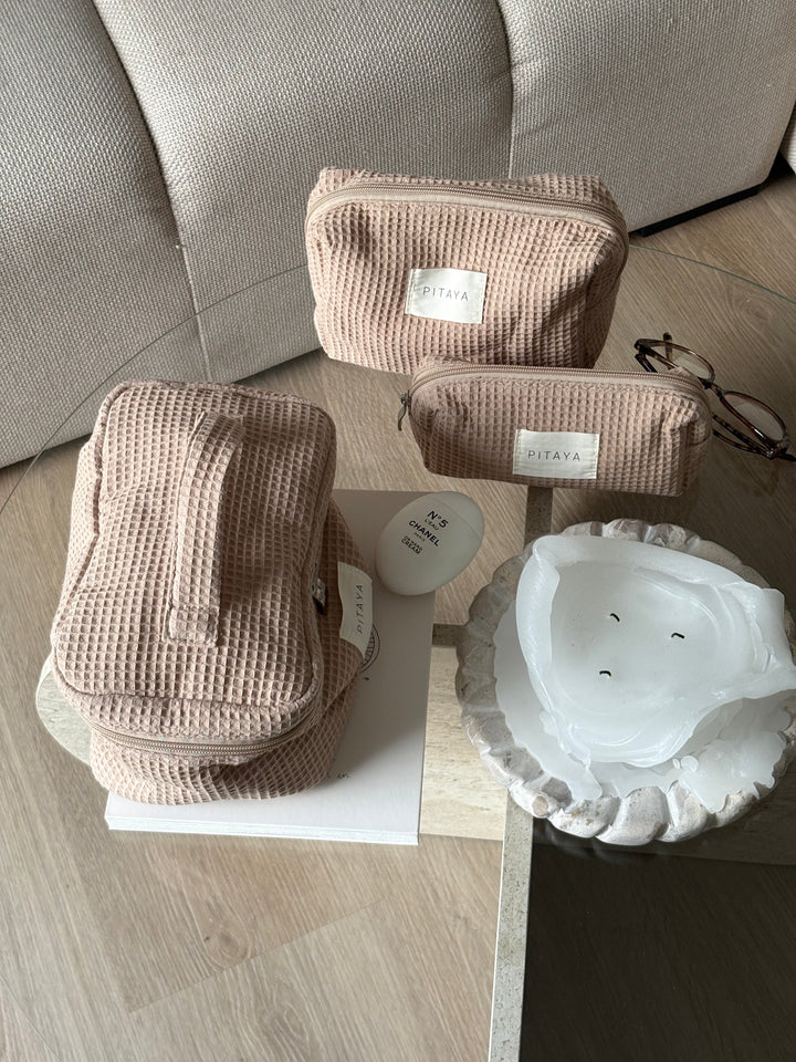 Small Waffle Makeup Bag - Dark Beige