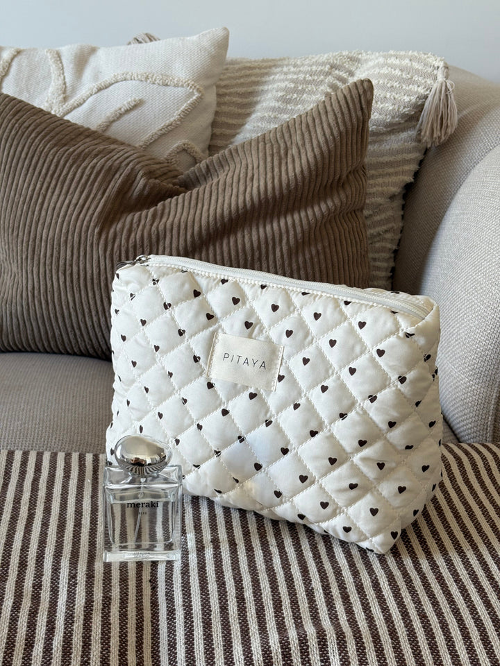 Medium Triangle Makeup Bag - Beige/Dark Brown Hearts