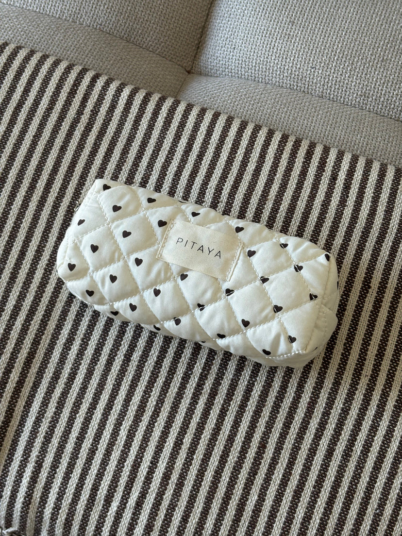 Small Makeup Bag - Beige/Dark Brown Hearts